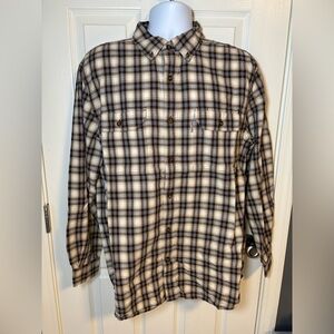 Carhartt long sleeved button up country flannel shirt in blue and tan-size large